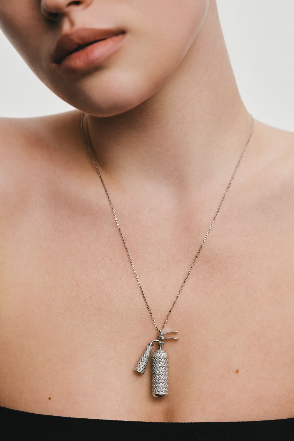 Custom Necklaces Bold Extinguisher Pendant, with diamonds, white gold for a luxurious style